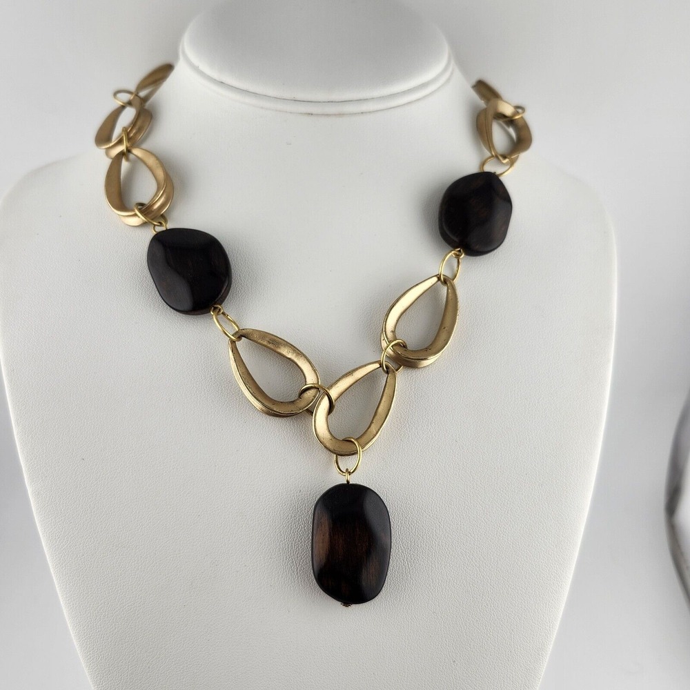 Matte Gold And Wooden Bead Necklace
